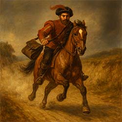 Tudor courier on horseback galloping with satchel, oil painting style