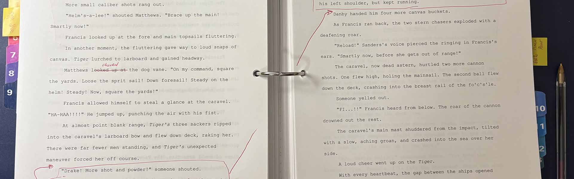 The manuscript of the historical fiction novel Sic Parvis Magna with editing marks on it.