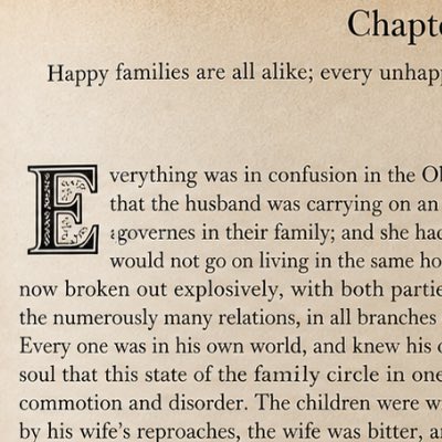 An antique open copy of the novel Anna Karenina showing the start of Chapter 1 on aged pages, including the novel's famous opening line, on a dark wooden table, focusing on the confusion in the Oblonskys' house.