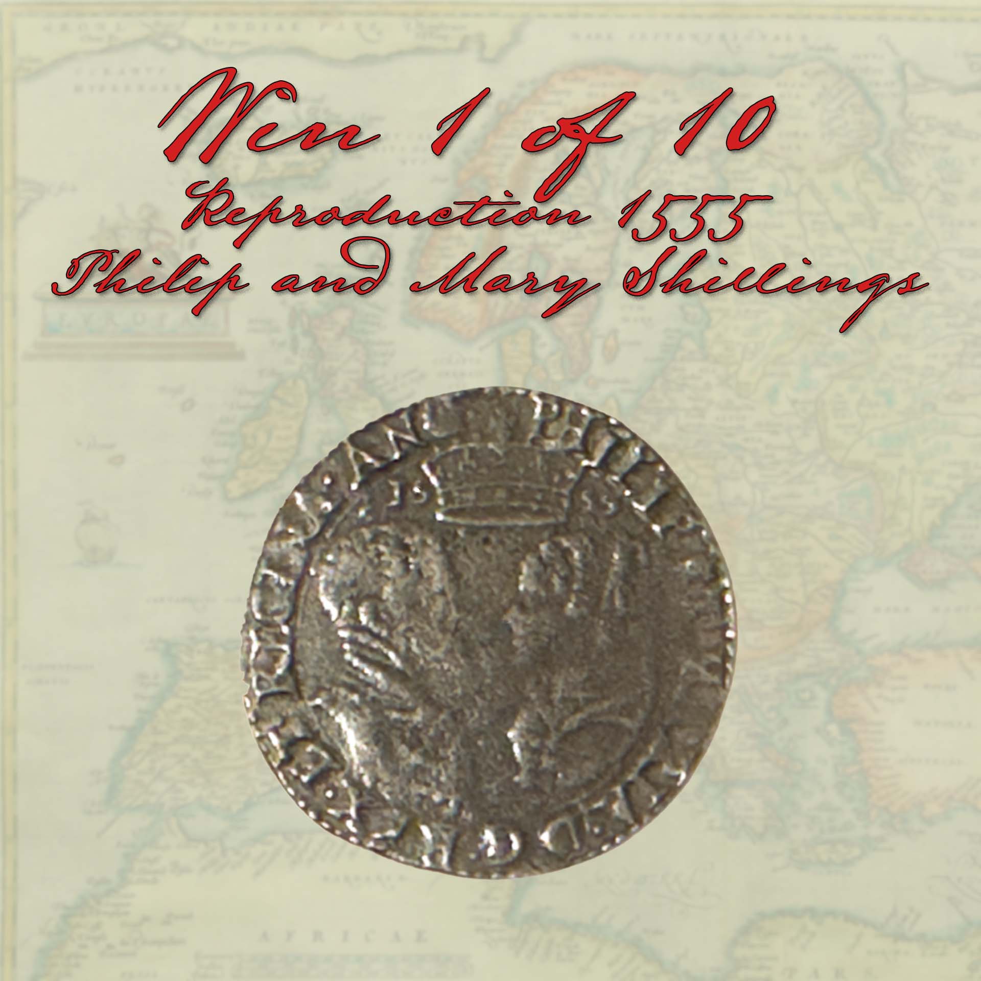 Image of a 1555 Philip and Mary Shilling. Win 1 of 10 reproduction 1555 Philip and Mary Shillings - subscribe to enter.