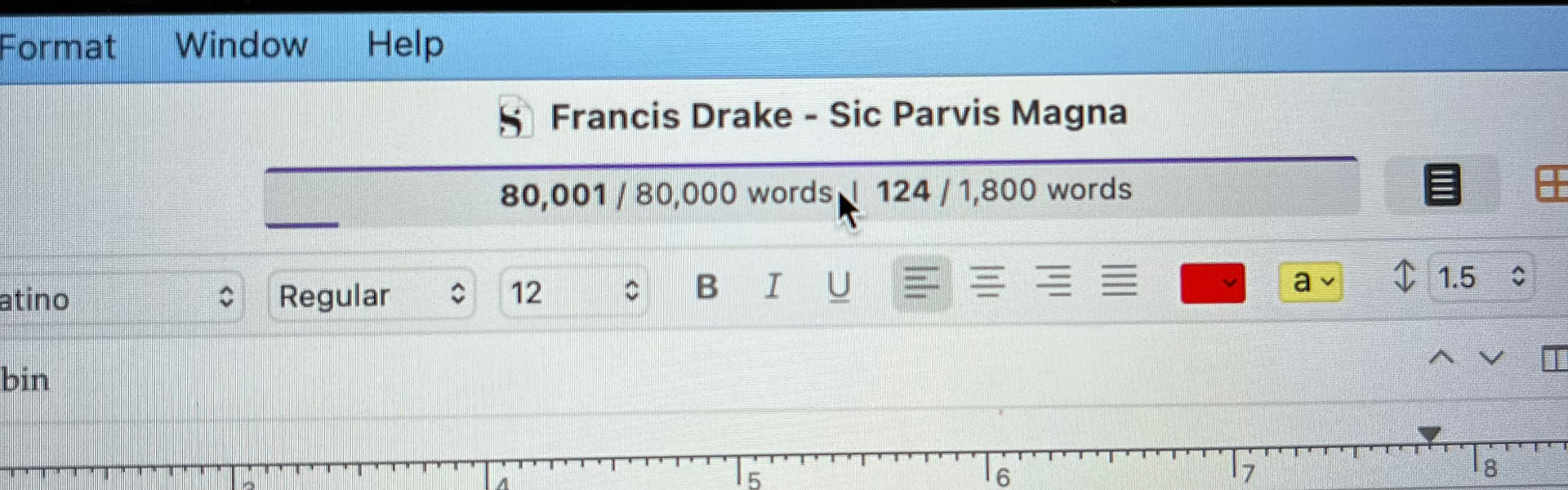 Image of the writing process of the historical fiction novel Sic Parvis Magna. Paul Jariabek's manuscript for the Historical Naval Fiction Novel Sic Parvis Magna about the early life of Francis Drake just crossed 80k words.