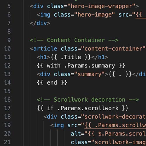 Website code on screen, symbolizing the transition from WordPress to a fast and secure Hugo static author site for writers.