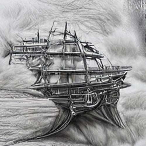 An experiment in creating AI-generated illustrations and art for historical fiction. Pencil sketch image of galleons in a storm.
