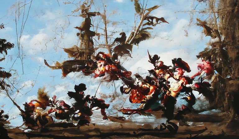 Pirates in tri-corm hats hand-to-hand combat.