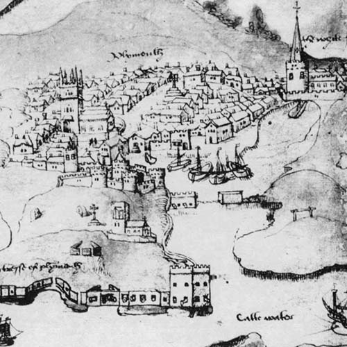 Historical map of Plymouth in 1540, showing Tudor-era harbor defenses, ships, and church towers—an evocative glimpse into the setting of great historical fiction adventures.