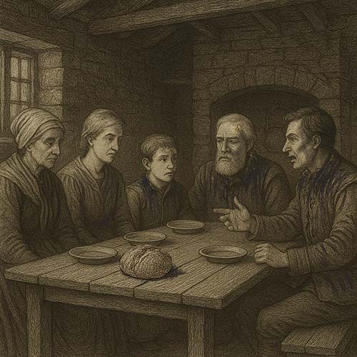 Engraving of the Drakes at a family dinner, discussing the latest developments at Tavistock. Part of the historical fiction novel Sic Parvis Magna.