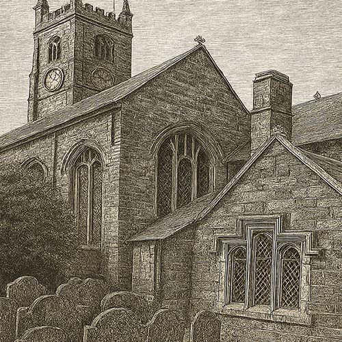 Image of an engraving of the St. Eustacious Church in Tavistock, England, part of the sample chapter of the historical fiction novel Sic Parvis Magna.