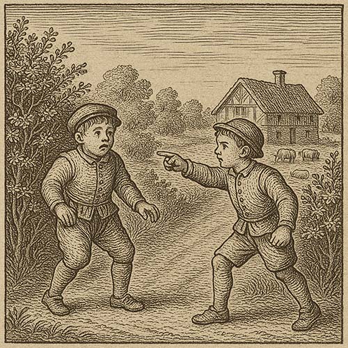 Imagined ingraving of a friend of the young Francis Drake,on a rural English farm, accusing Drake of being a heretic. Part of the historical fiction novel Sic Parvis Magna.