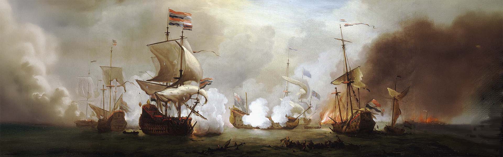 Modified painting Battel of the texel depicting old ships in a pitched sea battle