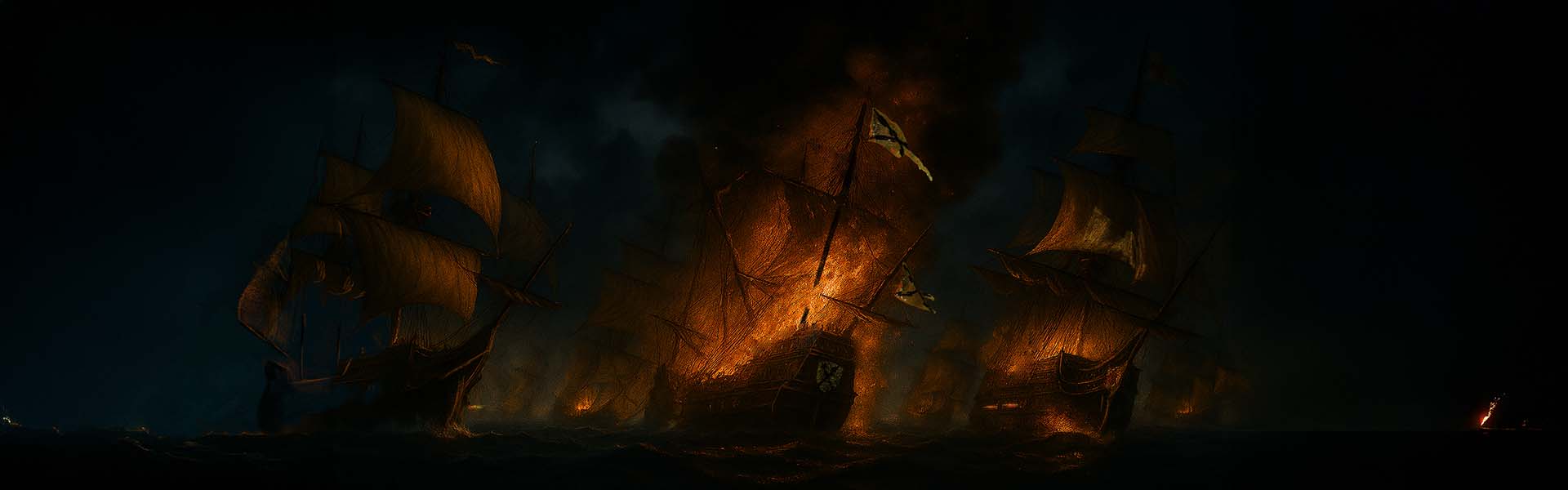 Night time battle between the English Fleet and the Spanish Armada, featuring 16th century sailing ships for the historical fiction series Adventures of Francis Drake By Paul Jariabek.