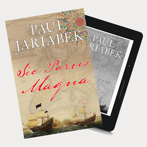 Cover of historical fiction novel Sic Parvis Magna in a book and an e-reader