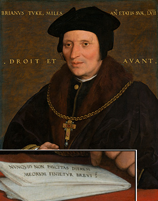 Portrait of Sir Brian Tuke by Holbein with Latin inscription from Job 10:20 on folded paper, representing memento mori in Tudor England historical fiction context.