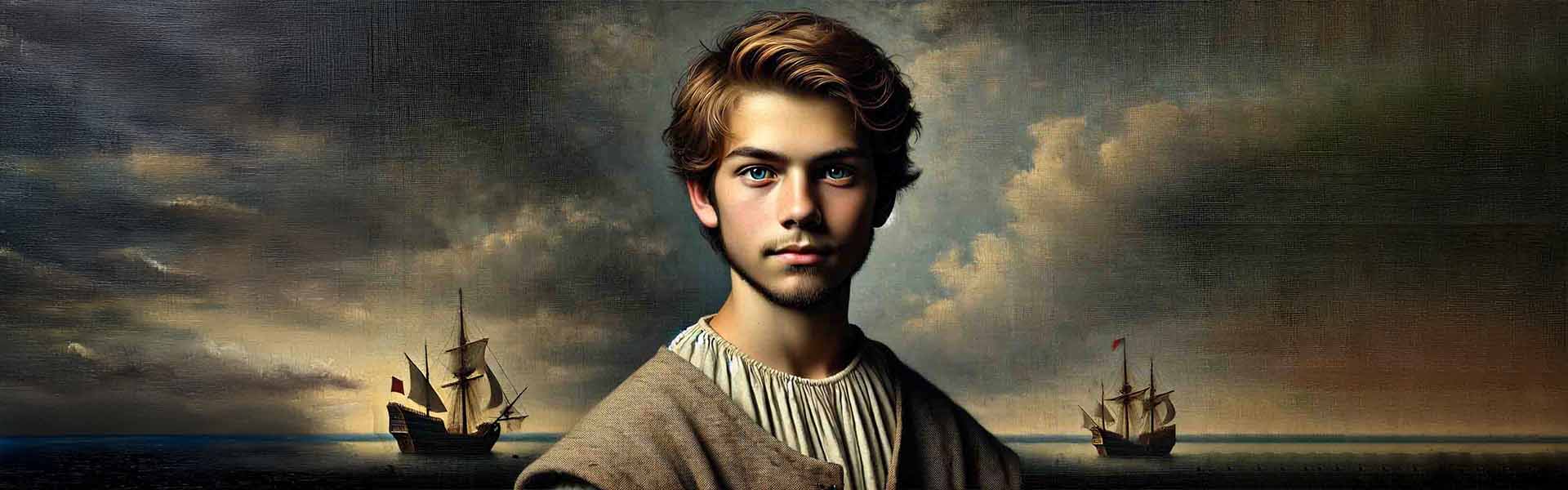A youthful Francis Drake before a darkening sea and English galleons—evoking his early adventures and the central theme of the historical fiction novel Sic Parvis Magna.