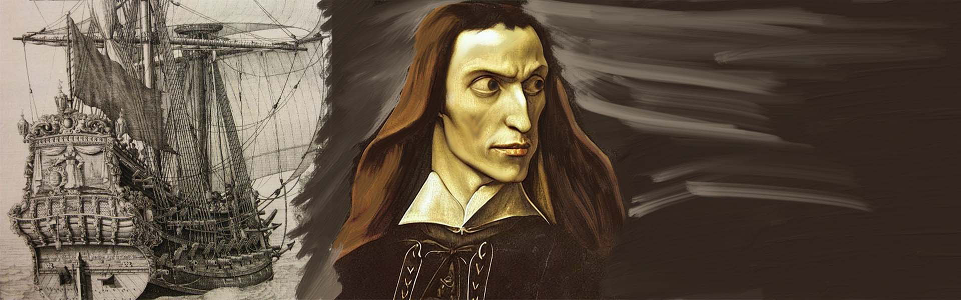 Historical fiction character sketch of Captain Guichenot, a fictional 16th-century French privateer from Sic Parvis Magna, featuring a dramatic portrait inspired by Vlad the Impaler (Count Dracula) alongside a period engraving of a French warship, reflecting the dark world of early modern piracy.
