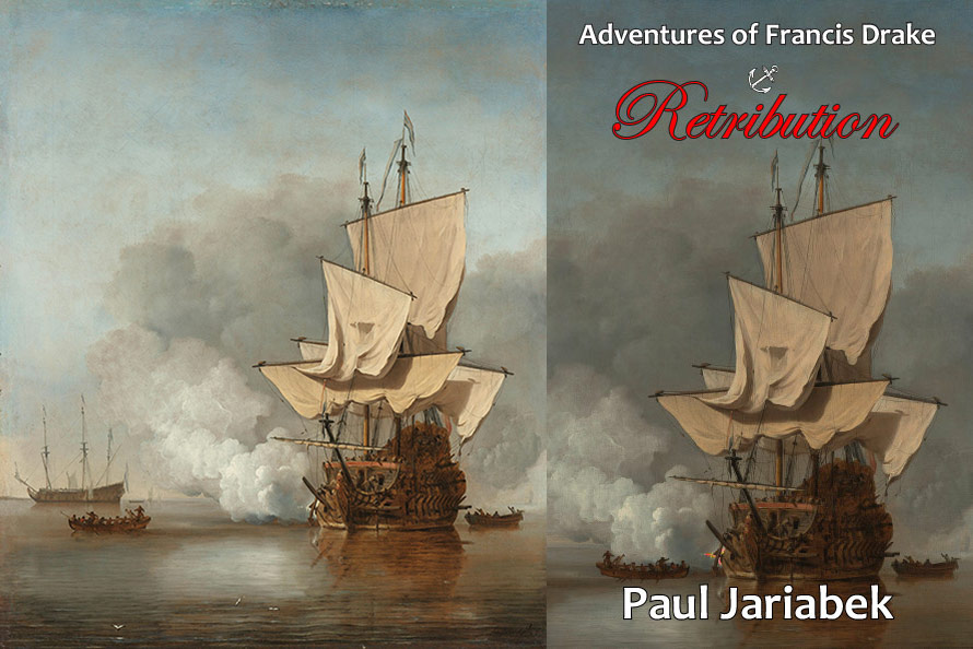 Het kanonschot by Willem van de Velde the Younger (c. 1680) and the cover art for the historical fiction short story Retribution