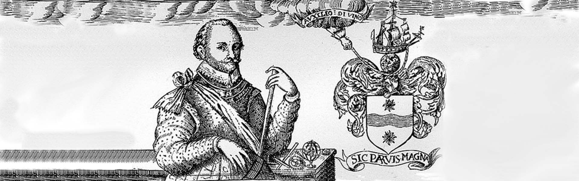 Historical illustration of Sir Francis Drake, Tudor privateer and explorer, with his coat of arms and the Sic Parvis Magna motto — a symbol of greatness from small beginnings — inspiring historical fiction about Francis Drake's naval adventures.