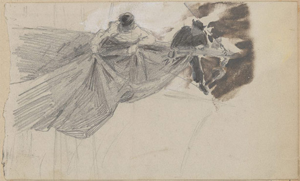 Art in Historical Fiction: Pencil Sketch of Two sailors furling sail by John Singer