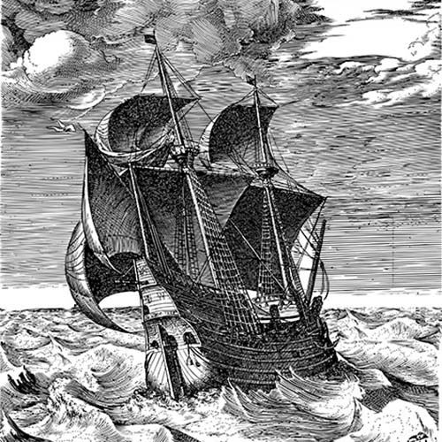 Woodcut-style illustration of a 16th-century carrack at sea, used as cover art for the historical fiction short story Retribution.
